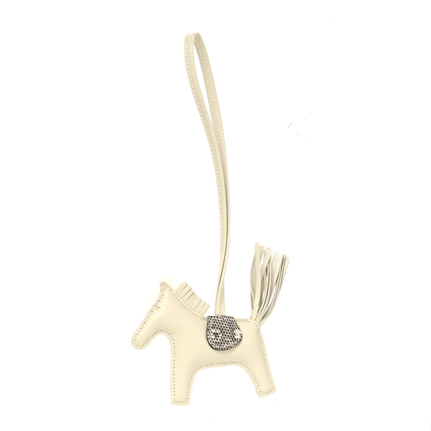 this is an image of an HERMES Milo Lambskin Lizard Grigri Rodeo Horse Bag Charm in the size PM in the color Beton Ombre by fashionphile