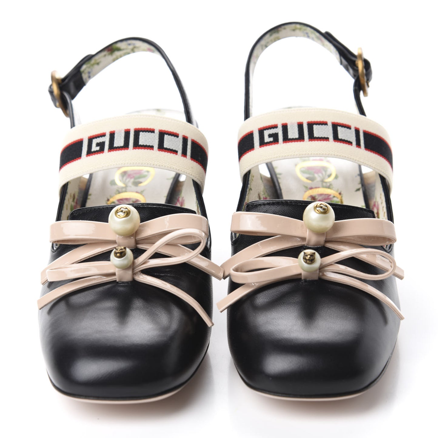 Malaga Kid Bow Ace Stripe Mid Heel Slingback Pumps 38 Black