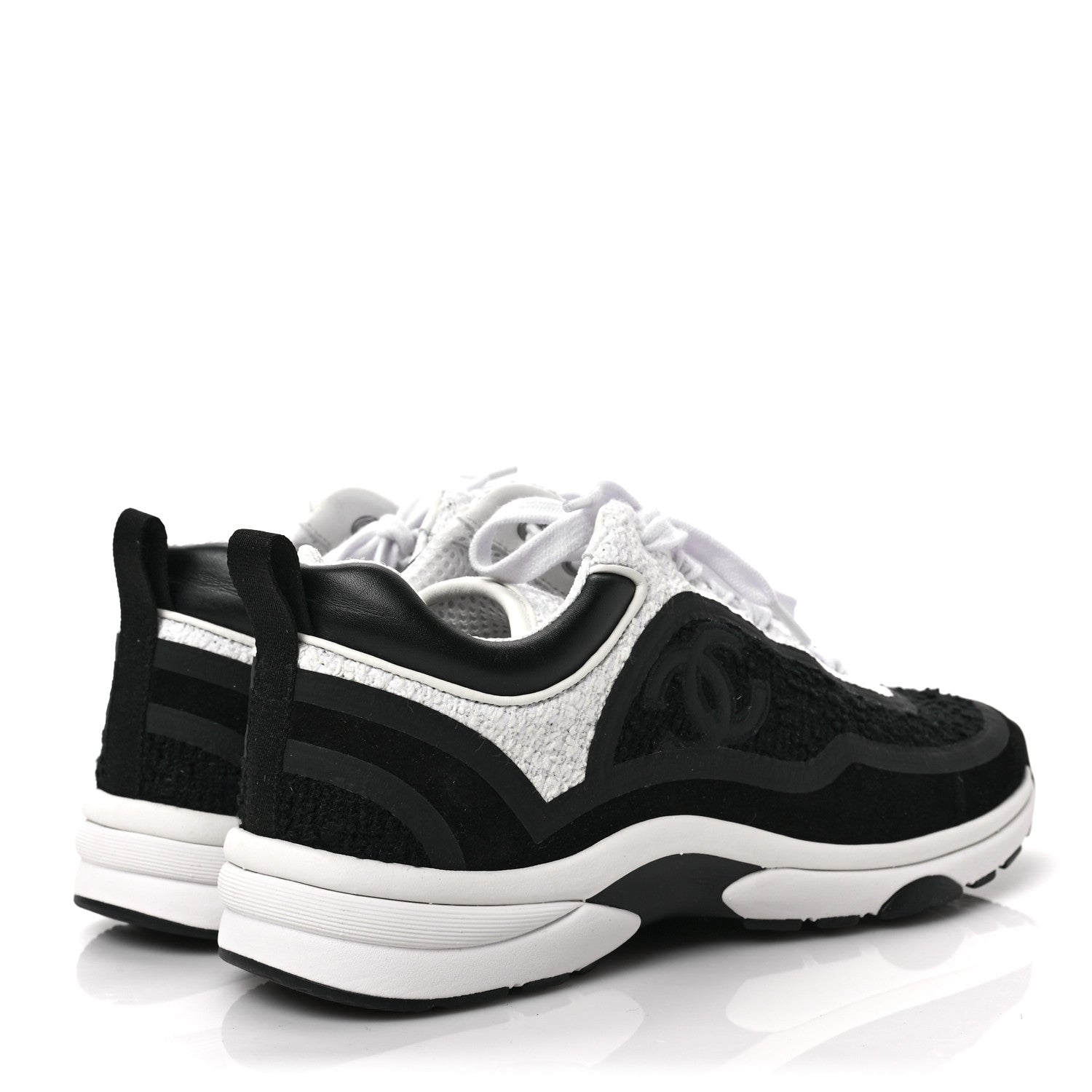 Chanel Tweed Suede Calfskin CC Sneakers 38 Black White 4 of 6