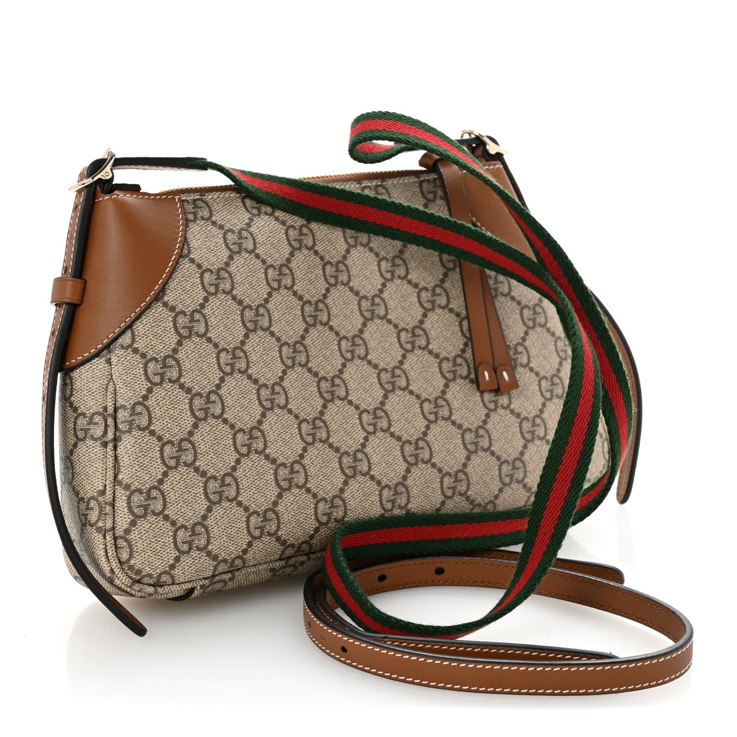 Gucci GG Supreme Monogram Textured Calfskin Small Emblem Shoulder Bag Beige Dark Brown 3 of 11