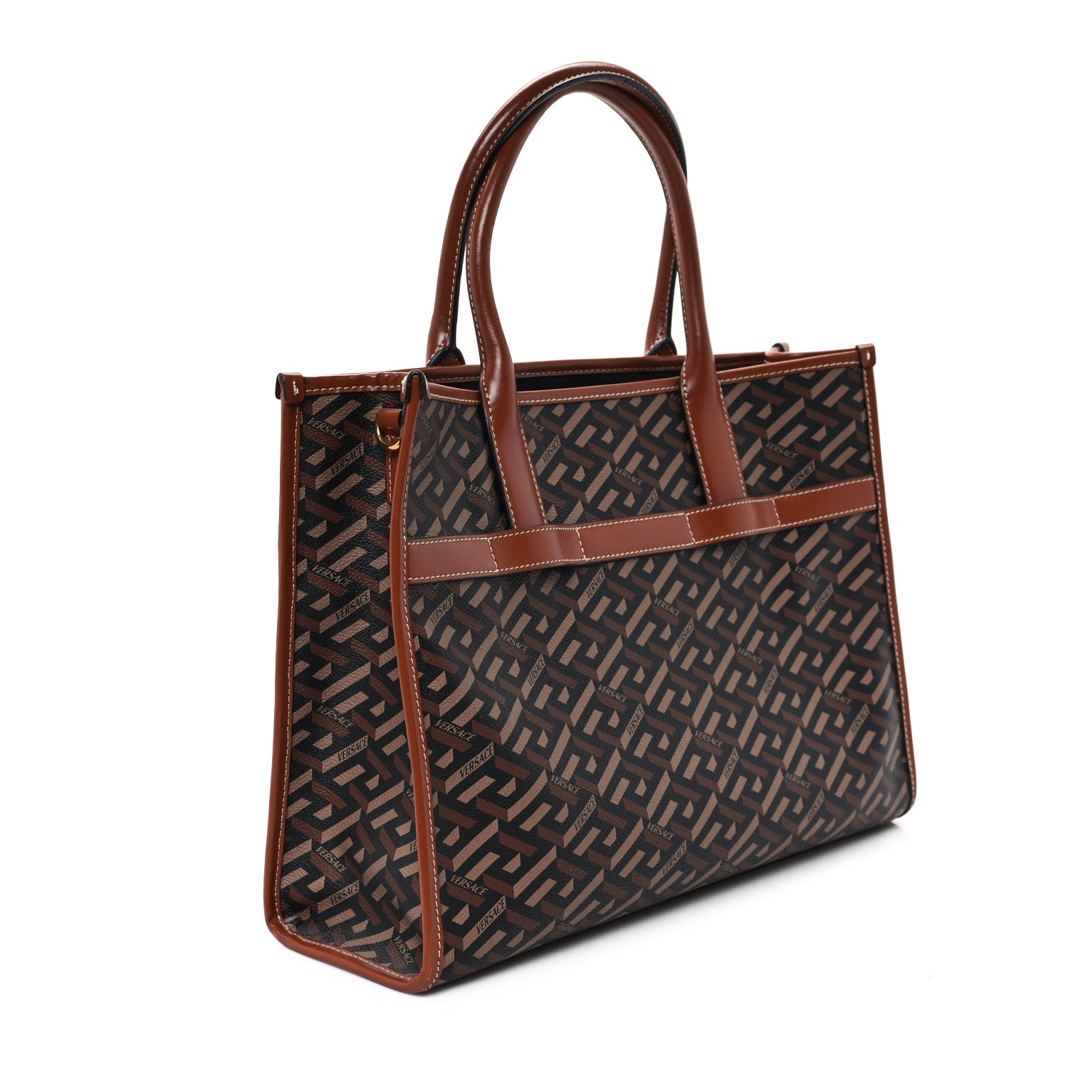 Versace Coated Canvas Calfskin La Greca Signature Tote Bag Black Caramel 3 of 10