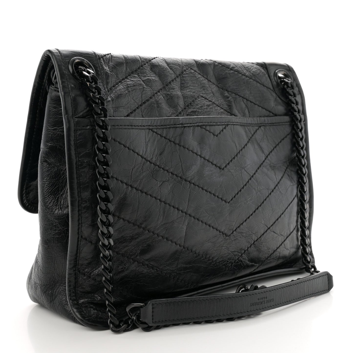 Crinkled Calfskin Matelasse Monogram Medium Niki Chain Satchel Black