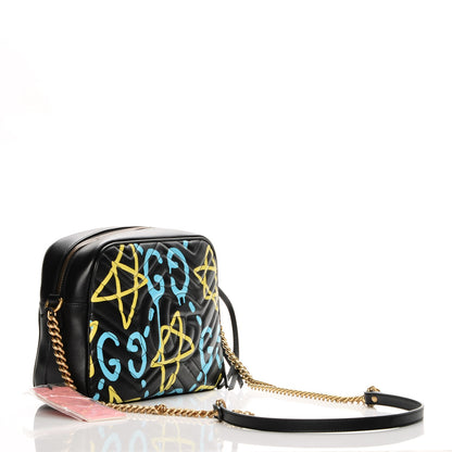 Gucci Calfskin Matelasse GucciGhost Medium GG Marmont Chain Shoulder Bag Black New Acquamarine 3 of 7
