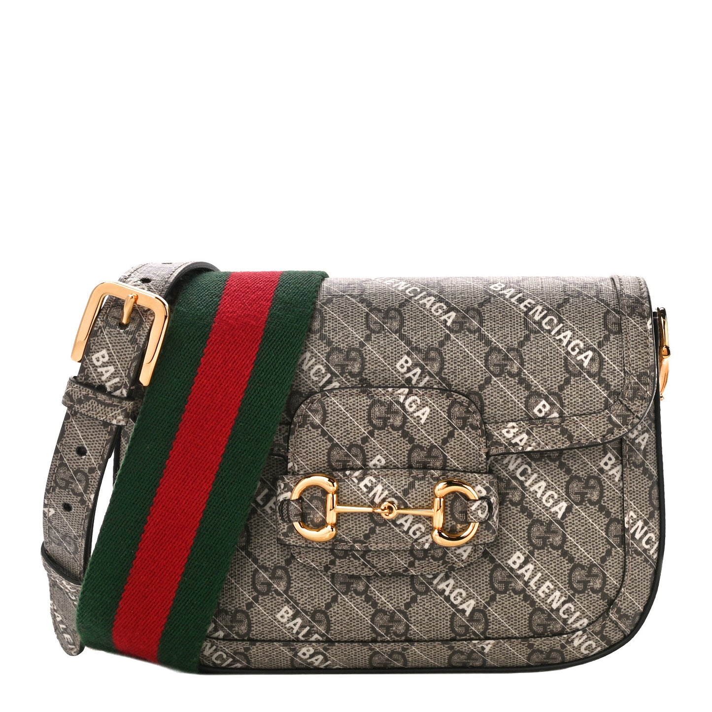 X BALENCIAGA GG Supreme Monogram Web Logo Print Mini Horsebit 1955 Shoulder Bag Beige Ebony