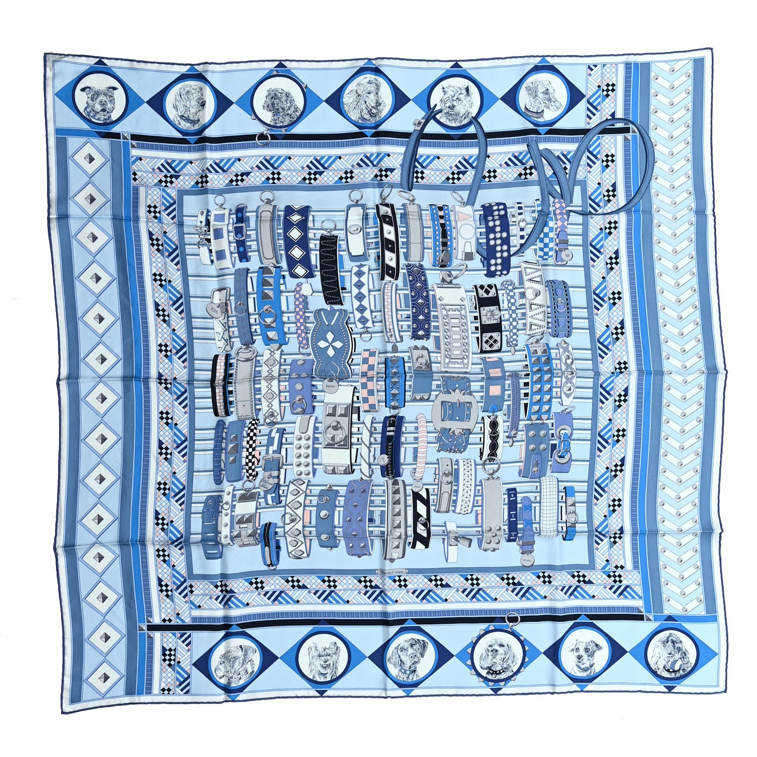 Hermes Silk Carre Wash Colliers de Chiens Scarf 90 Bleu Jean Cobalt 1 of 5