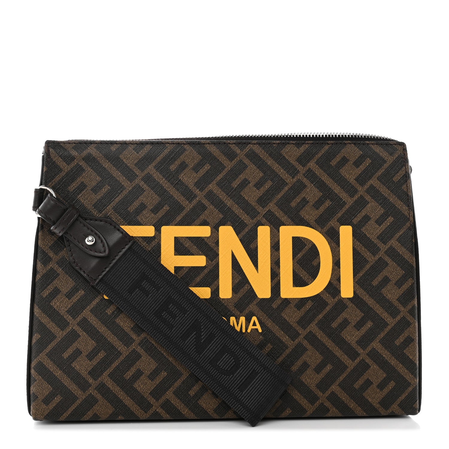 Fendi Shiny Glazed Fabric Vitello Cover FF 1974 Logo Clutch Tobacco Moro Giallo Ebano 1 of 11