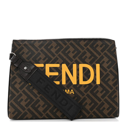 Fendi Shiny Glazed Fabric Vitello Cover FF 1974 Logo Clutch Tobacco Moro Giallo Ebano 1 of 11