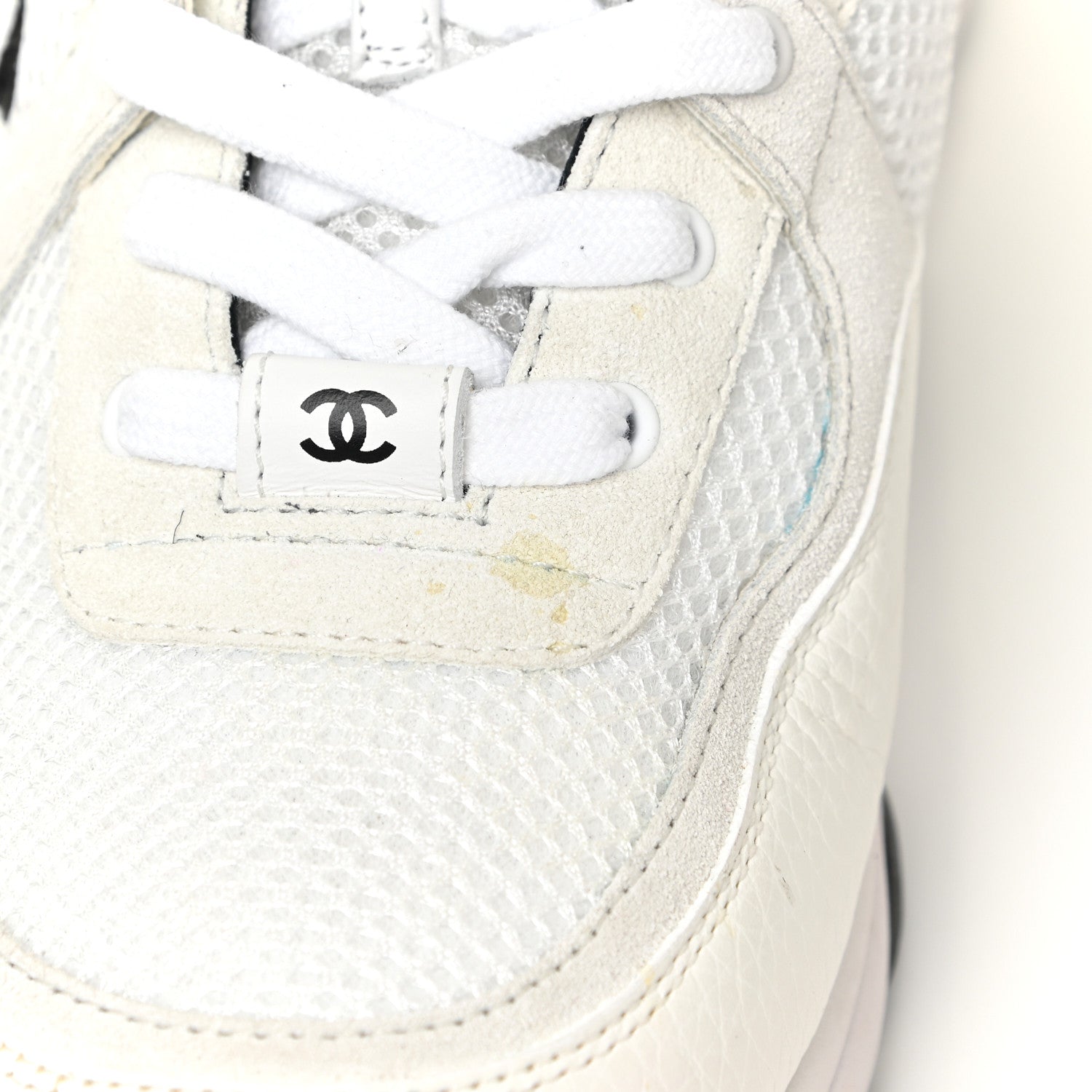 Chanel Mesh Suede Calfskin Grained Calfskin Womens CC Sneakers 39 White Black 14 of 17
