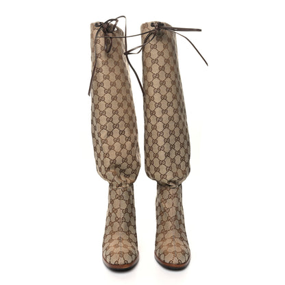 Gucci Monogram Lisa Mid Heel Boots 38 Beige Ebony 2 of 8