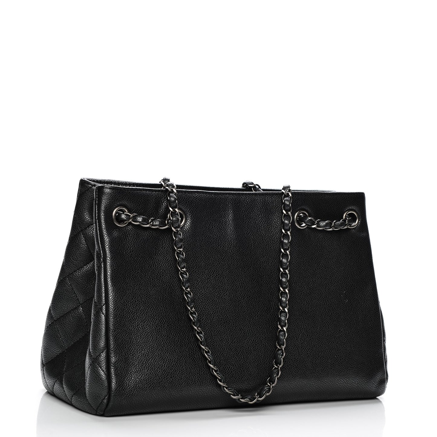 Metallic Grained Calfskin Woven Chain Shopping Bag Black