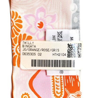 Hermes Silk Bingata Twilly Orange Rose Gris 5 of 5