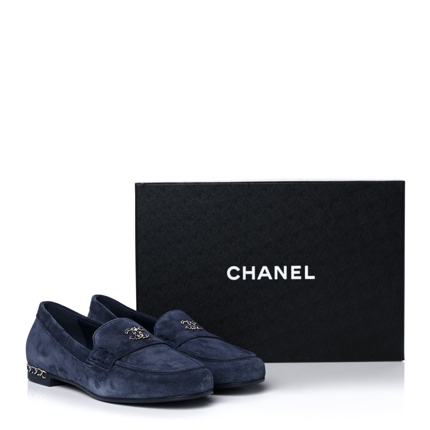 Chanel Suede Calfskkin CC Chain Mocassin Loafers 39 Dark Blue 9 of 9