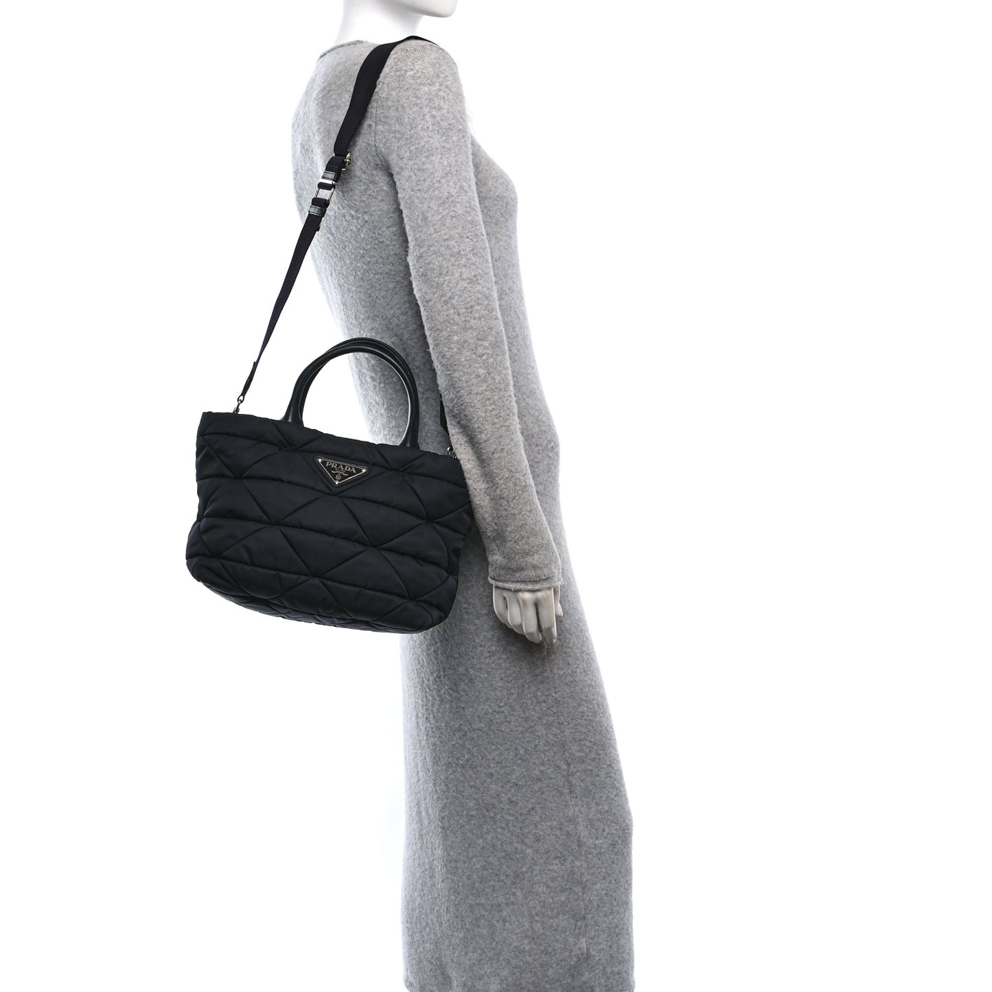 Re-Nylon Nappa Triangle Quilted Padded Small Double Handled Zip Tote Black