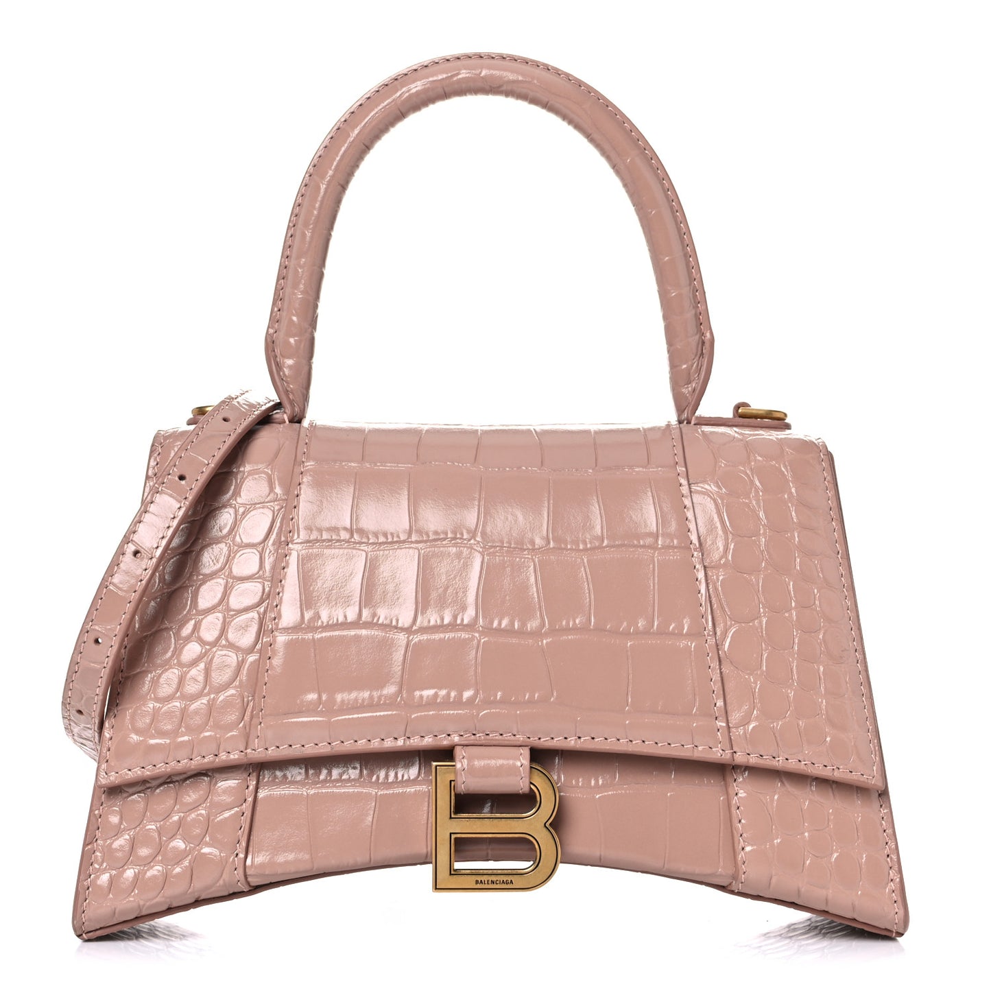 Shiny Calfskin Crocodile Embossed Small Hourglass Top Handle Bag Nude Beige