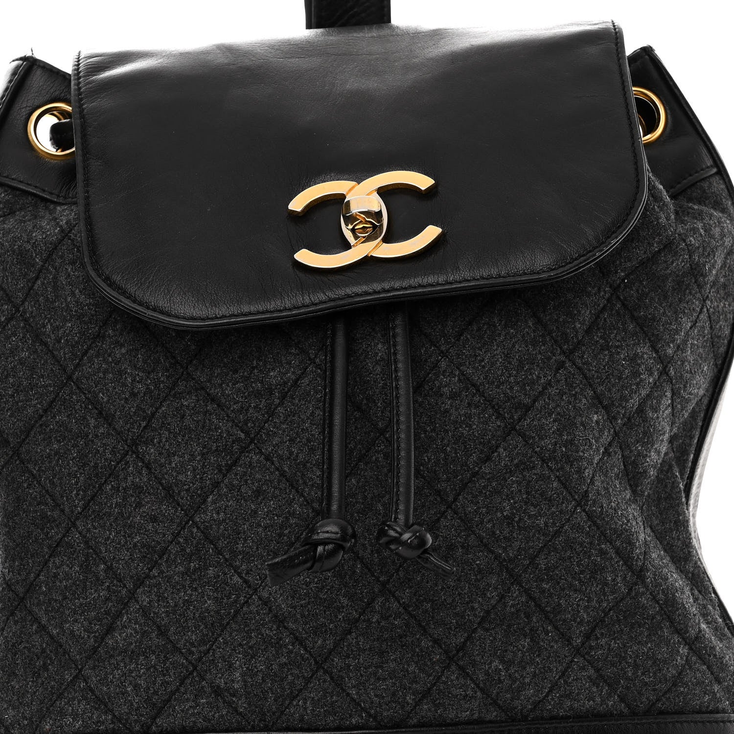 Chanel Lambskin Wool Quilted Drawstring Sling Backpack Black Grey 9 of 14