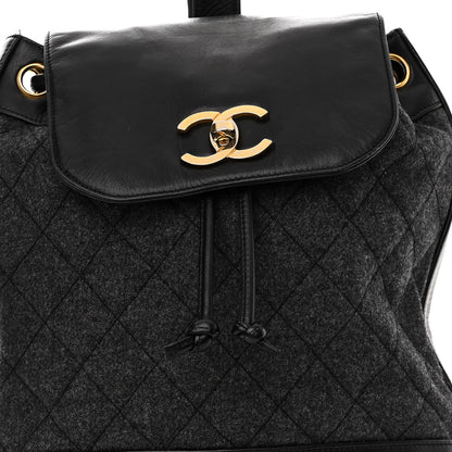 Chanel Lambskin Wool Quilted Drawstring Sling Backpack Black Grey 9 of 14