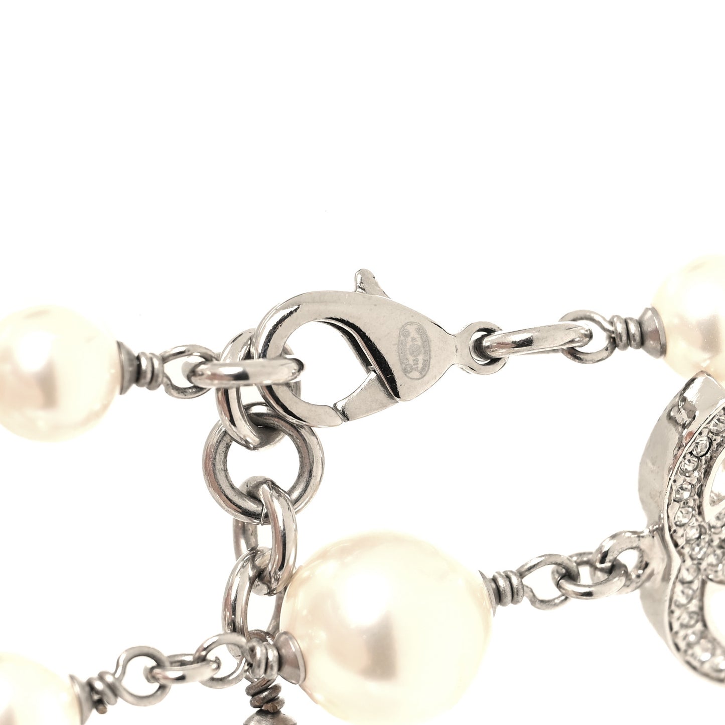 Graduated Pearl Crystal CC Long Necklace Silver