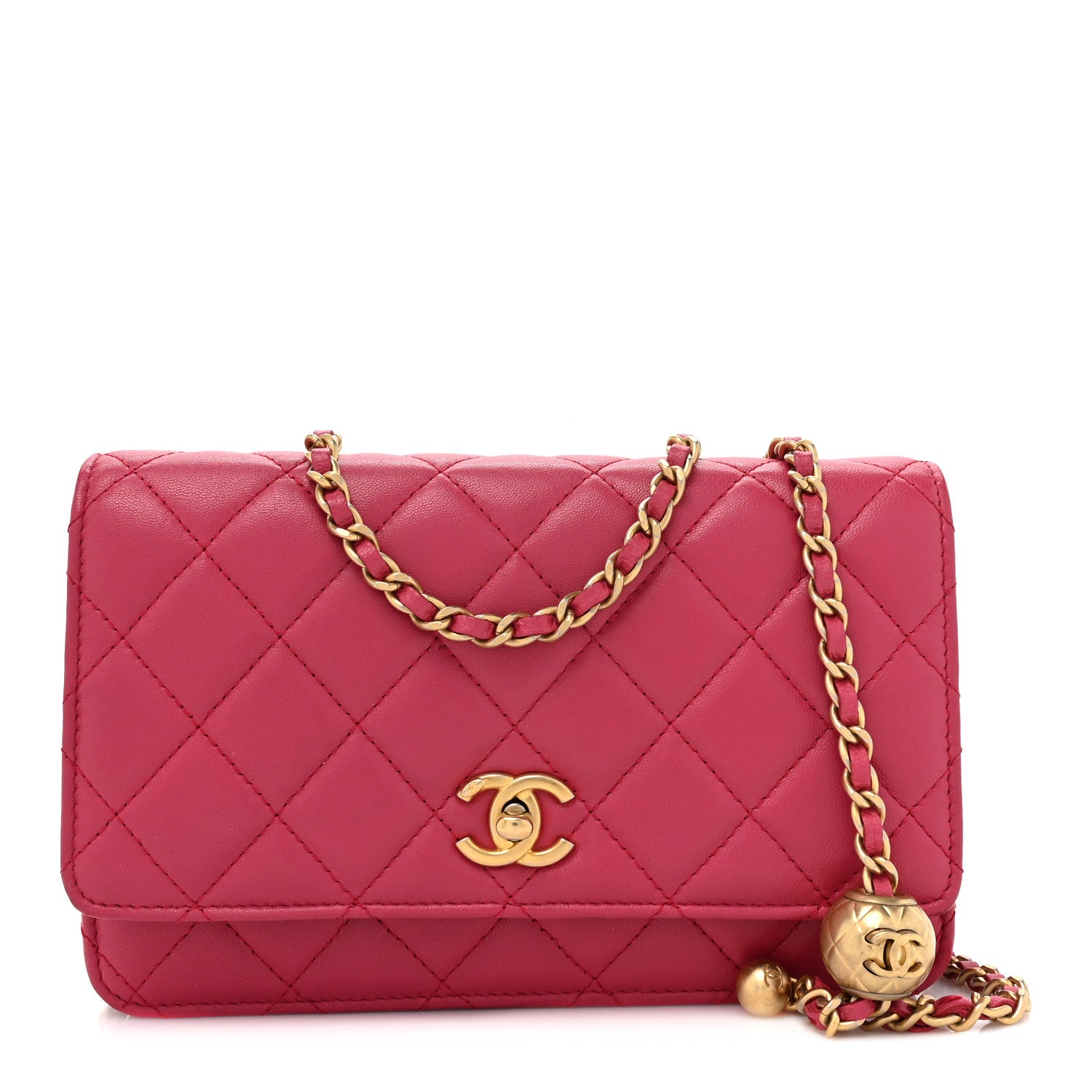 Chanel Lambskin Quilted CC Pearl Crush Wallet on Chain WOC Dark Pink 1 of 18