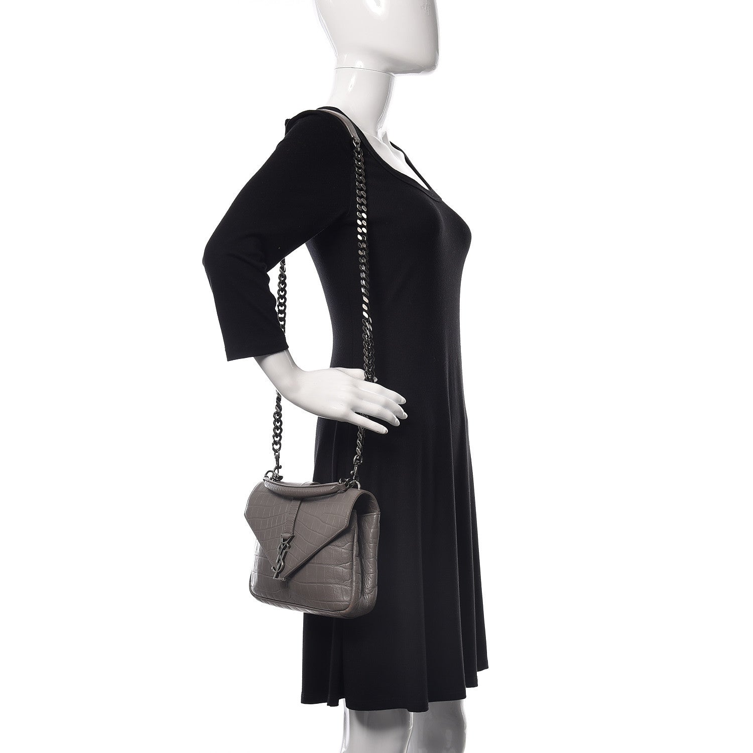 Saint Laurent Calfskin Crocodile Embossed Medium College Monogram Satchel Gray 2 of 15