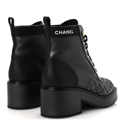 Chanel Pearly Calfskin Patent Calfskin Lace Up Combat Boots 38 Black 5 of 15