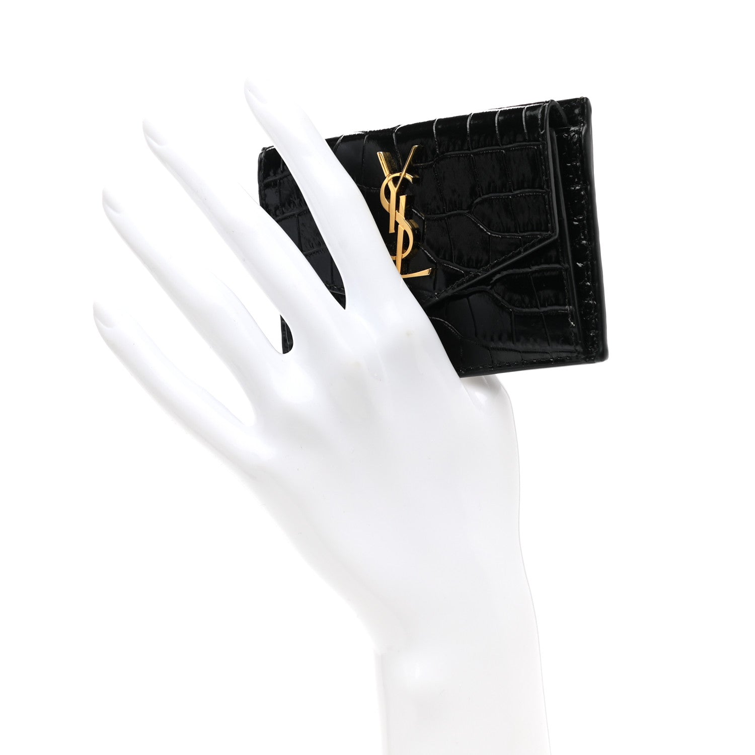 Saint Laurent Calfskin Crocodile Embossed Uptown Monogram Card Case Black 2 of 9