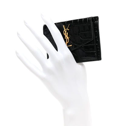 Saint Laurent Calfskin Crocodile Embossed Uptown Monogram Card Case Black 2 of 9