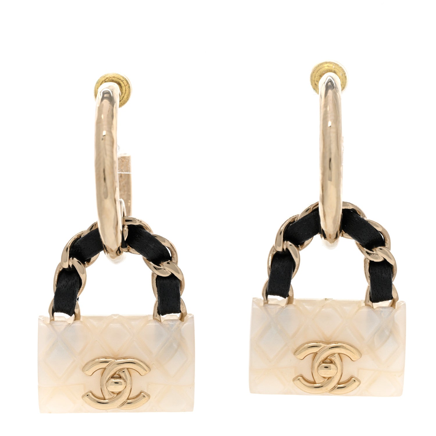 Chanel Metal Resin Calfskin Quilted CC Turnlock Chain Bag Earrings Gold Pearly White 1 of 5