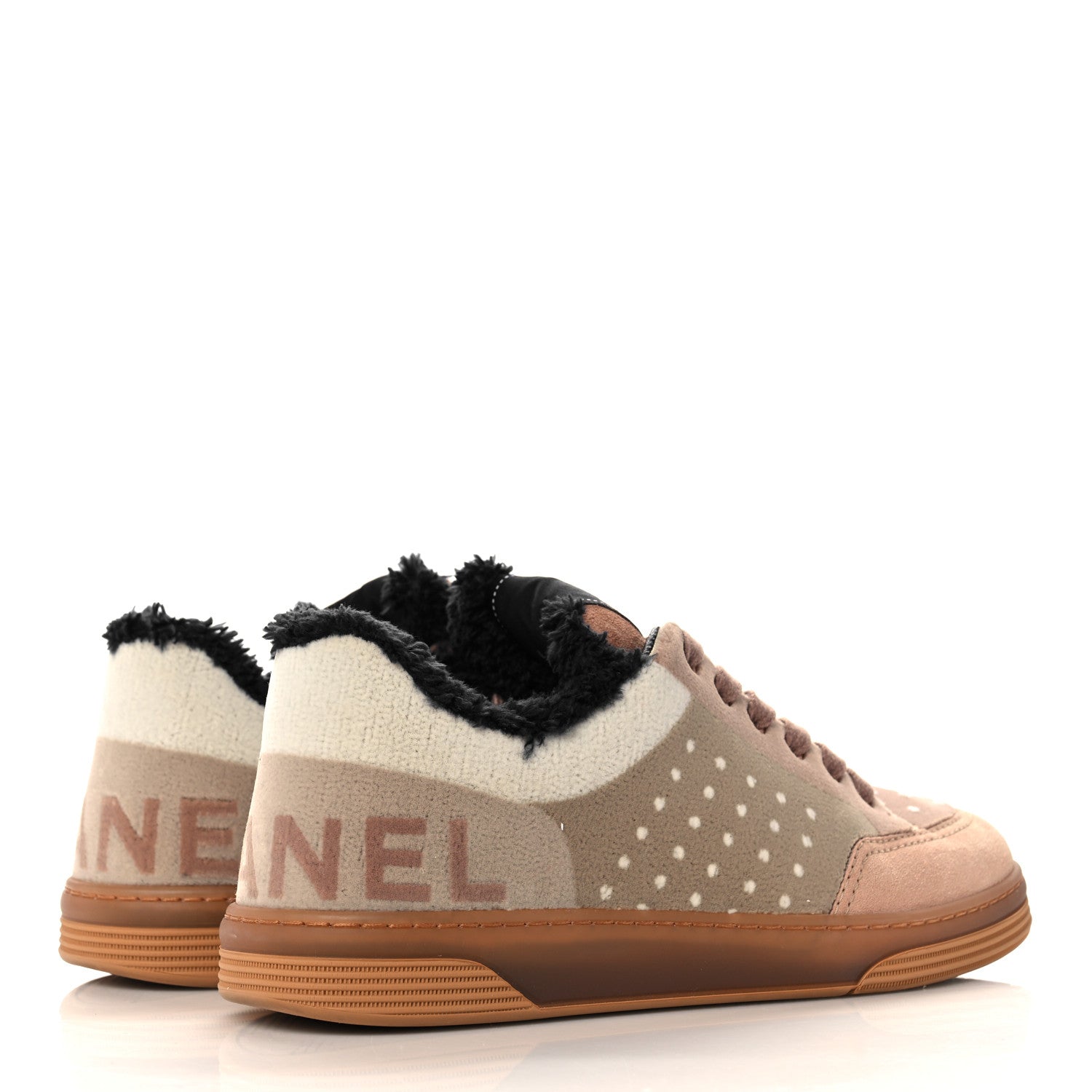 Chanel Fabric Suede Calfskin Logo Sneakers 37 Beige Black White 4 of 9