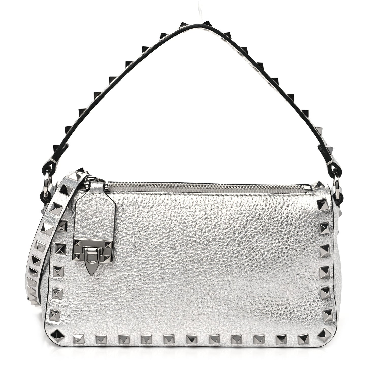 Metallic Pebbled Calfskin Small Rockstud Flip Lock Shoulder Bag Silver
