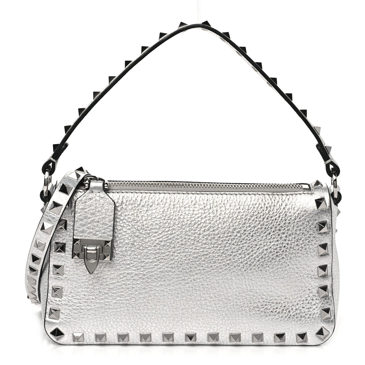 Valentino Garavani Metallic Pebbled Calfskin Small Rockstud Flip Lock Shoulder Bag Silver 1 of 9