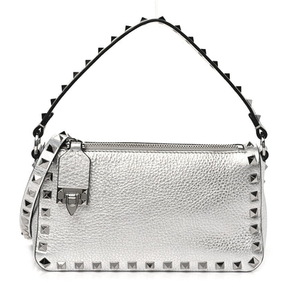 Valentino Garavani Metallic Pebbled Calfskin Small Rockstud Flip Lock Shoulder Bag Silver 1 of 9