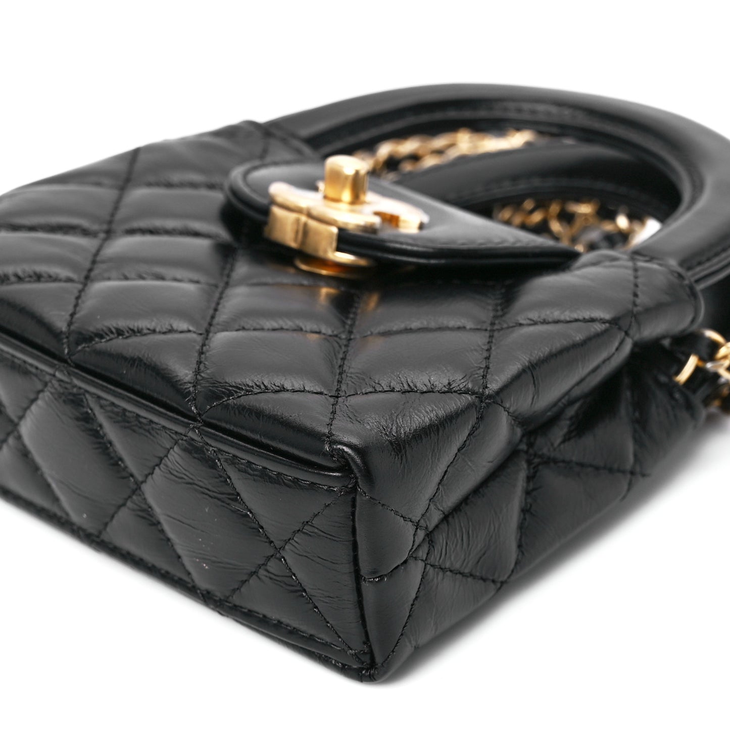 Shiny Aged Calfskin Quilted Mini Nano Kelly Shopper Black