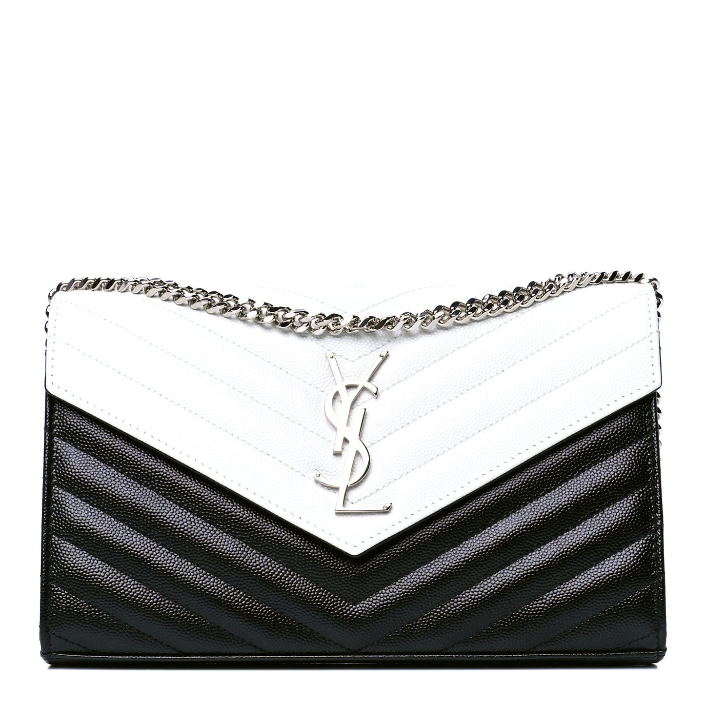 Grain De Poudre Matelasse Chevron Bi-Color Monogram Chain Wallet White Black