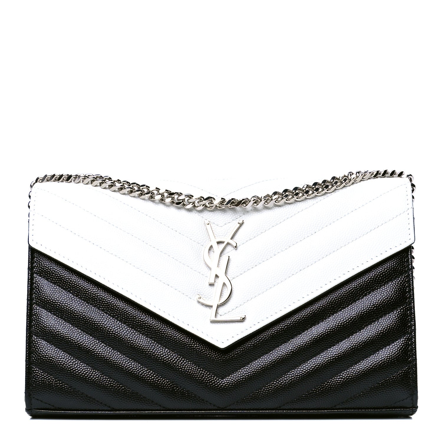 Saint Laurent Grain De Poudre Matelasse Chevron Bi-Color Monogram Chain Wallet White Black 1 of 4
