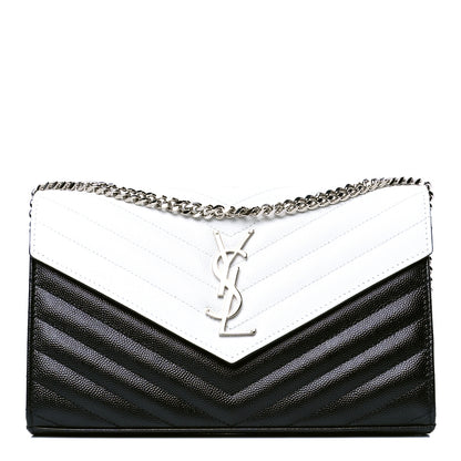 Saint Laurent Grain De Poudre Matelasse Chevron Bi-Color Monogram Chain Wallet White Black 1 of 4