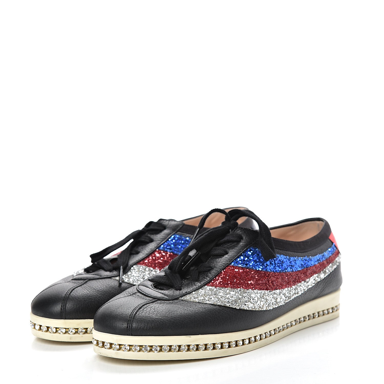 Gucci Calfskin Glitter Crystal Womens Sylvie Web Falacer Sneakers 39.5 Black 3 of 15