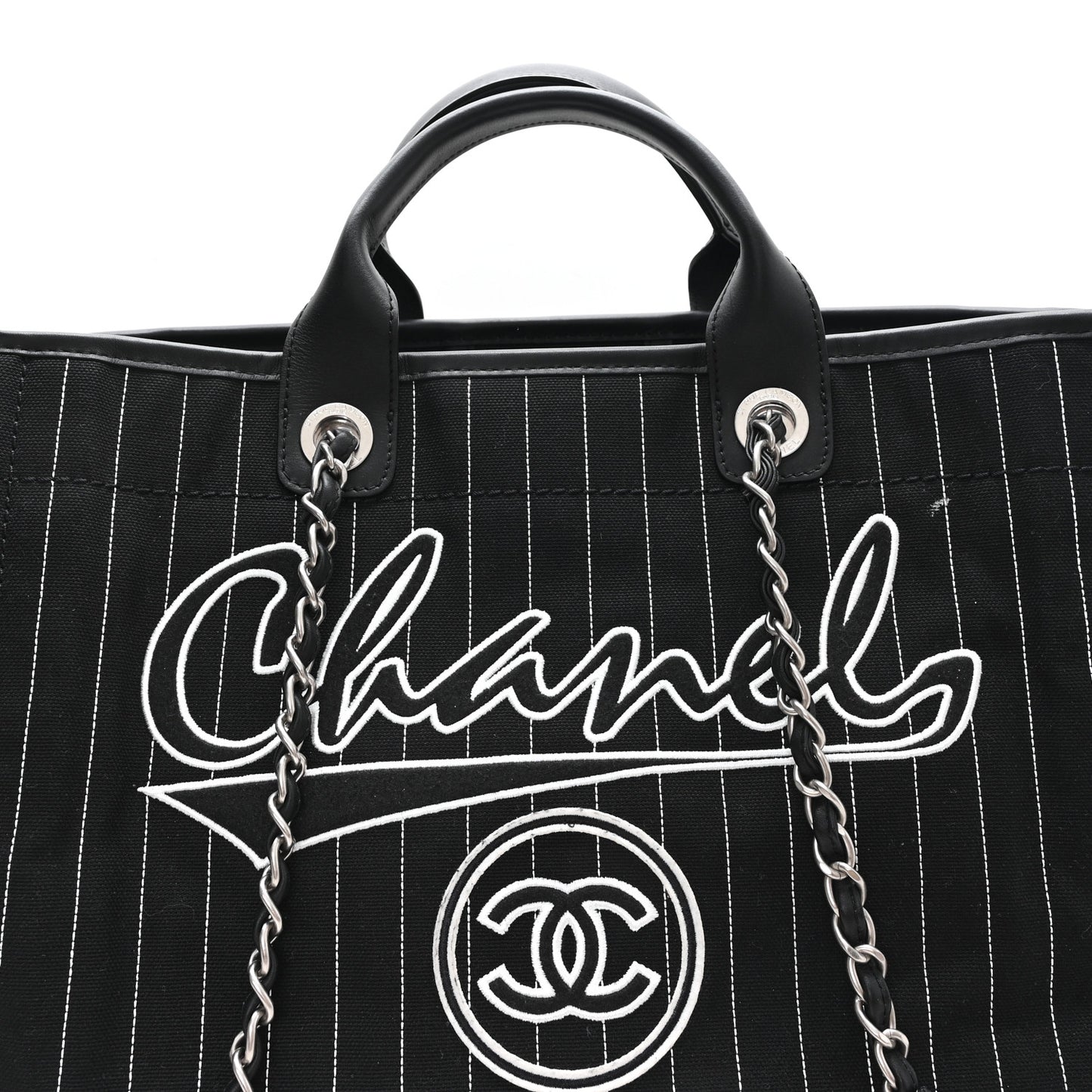 Canvas Calfskin Striped Medium Deauville Tote Black White