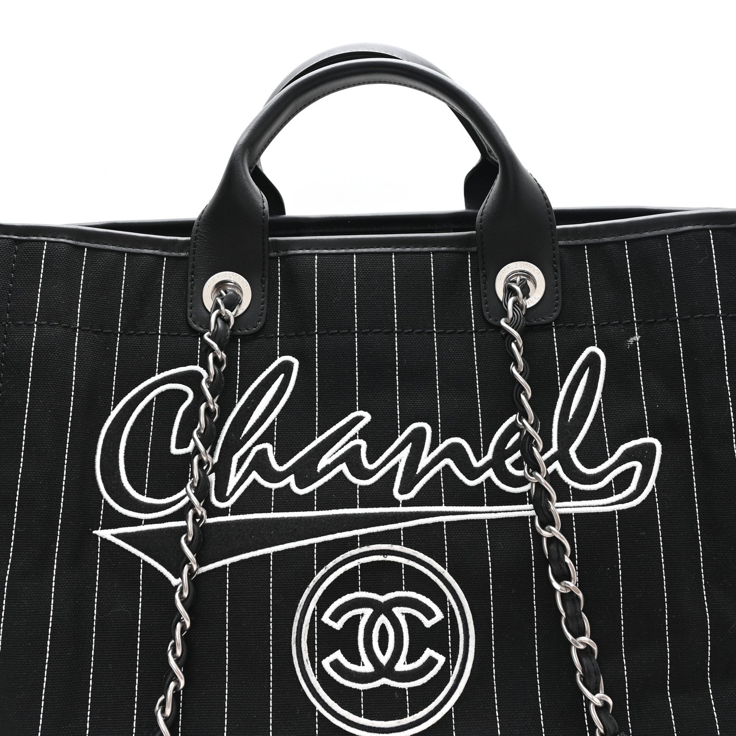 Chanel Canvas Calfskin Striped Medium Deauville Tote Black White 9 of 11