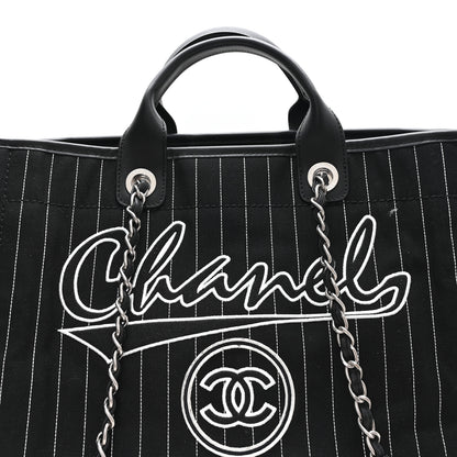 Chanel Canvas Calfskin Striped Medium Deauville Tote Black White 9 of 11