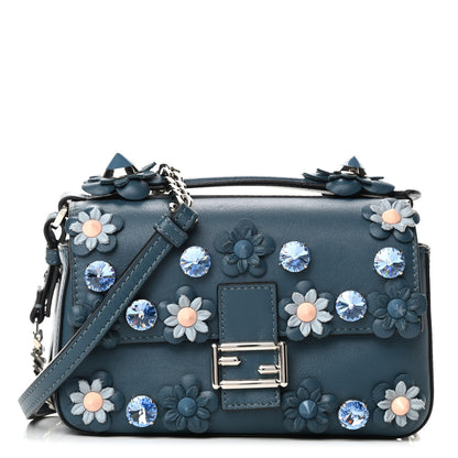 Fendi Vitello Dolce Crystal Flowerland Bi-Color Micro Double Baguette Pavone Ardesia 1 of 4