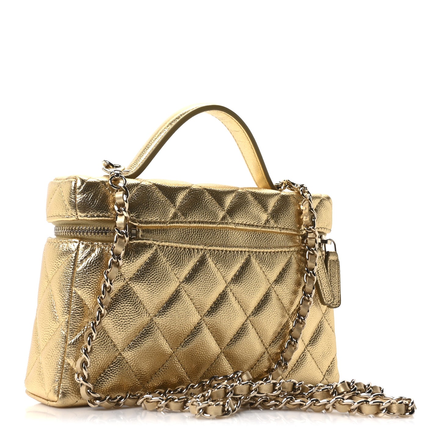 Metallic Caviar Quilted Top Handle Slim Vanity With Chain Gold