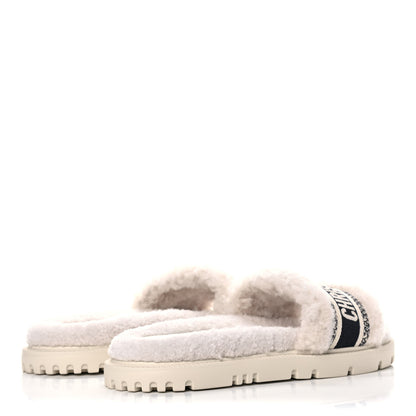 Christian Dior Shearling Canvas Embroidered Dway 10mm Slide Sandals 37 Natural Deep Blue 4 of 9