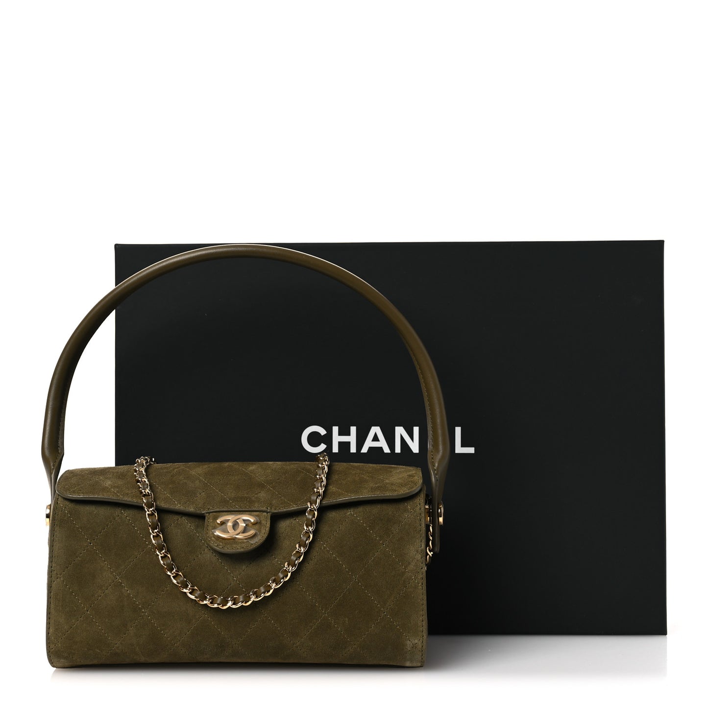Suede Quilted Turn Around Clutch With Chain Khaki