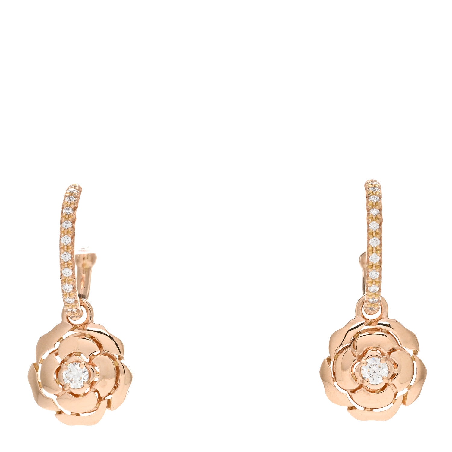 Chanel 18K Rose Gold Diamond Extrait de Camelia Drop Earrings 1 of 5
