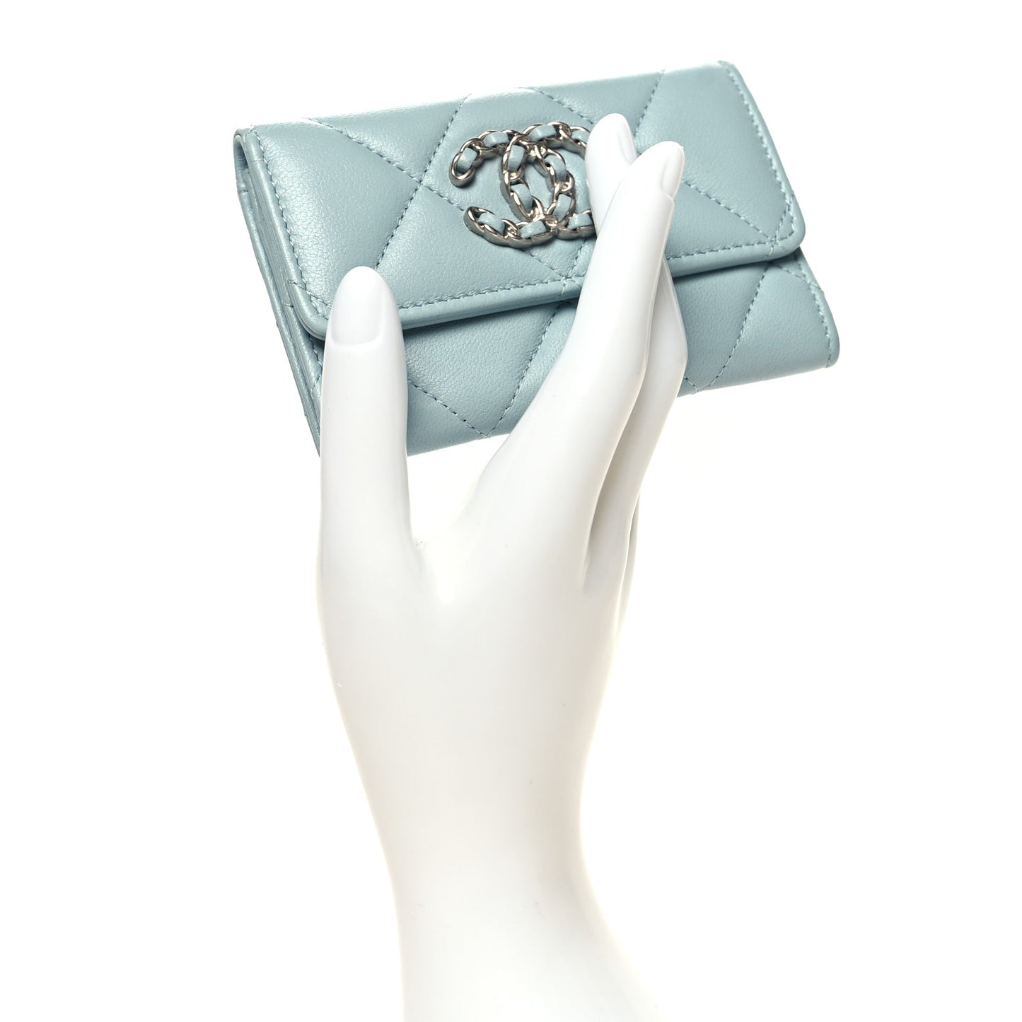 Lambskin Quilted Chanel 19 Flap Card Holder Light Blue