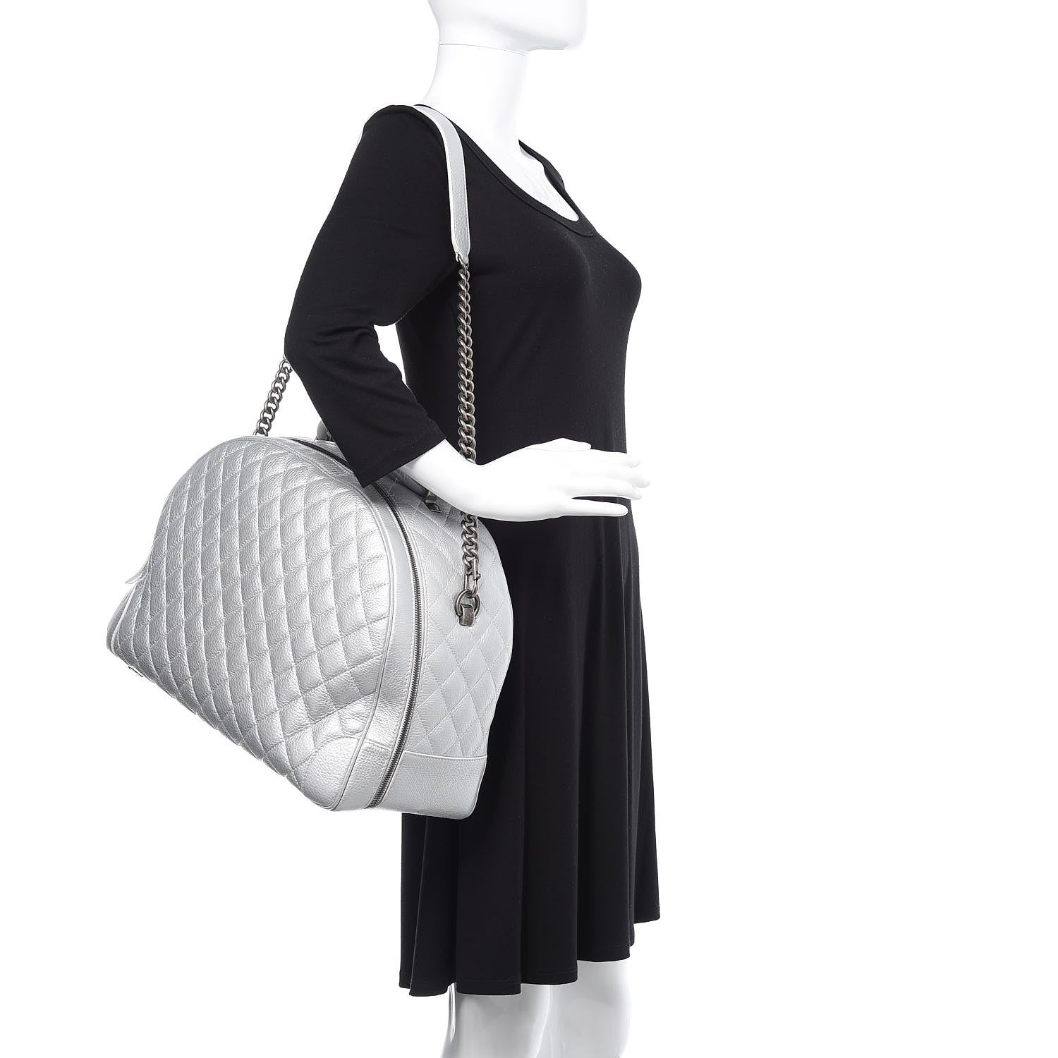 Chanel Metallic Calfskin Quilted Large Airlines Round Trip Bowling Bag Silver 2 of 14