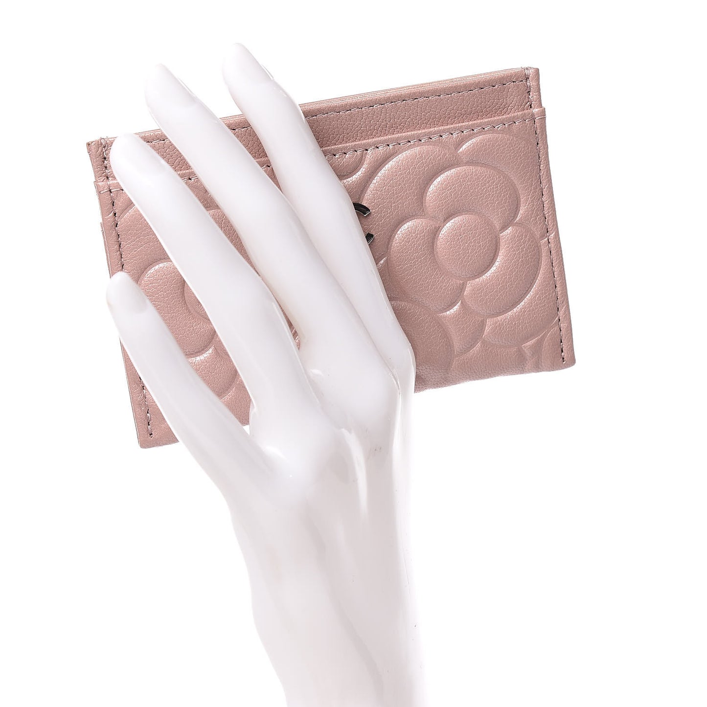 Goatskin Camellia Embossed Card Holder Light Pink