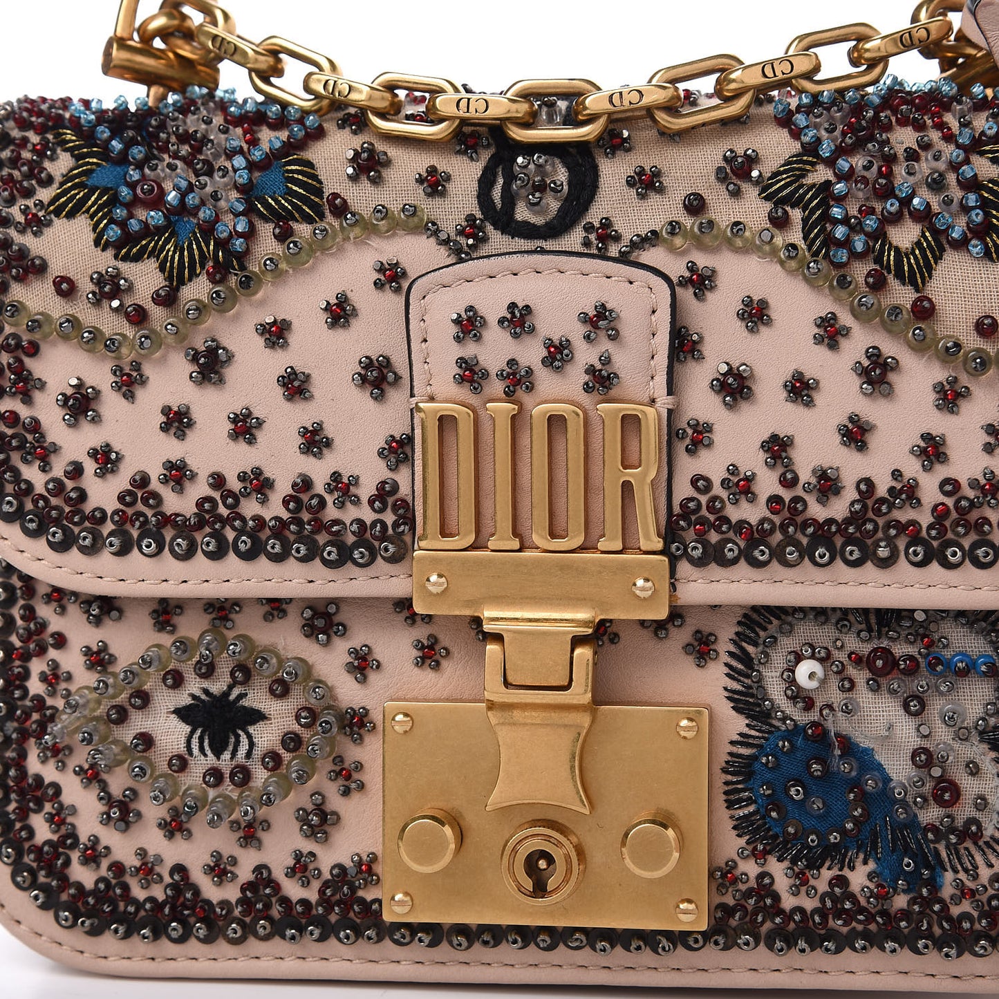 Calfskin Beaded Mini Dioraddict Flap Bag Beige
