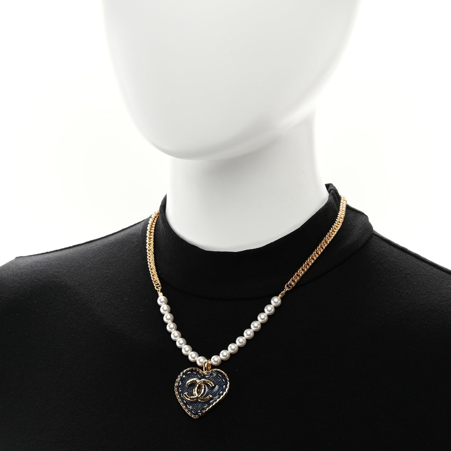 Metal Denim CC Heart Choker Gold Blue Pearly White