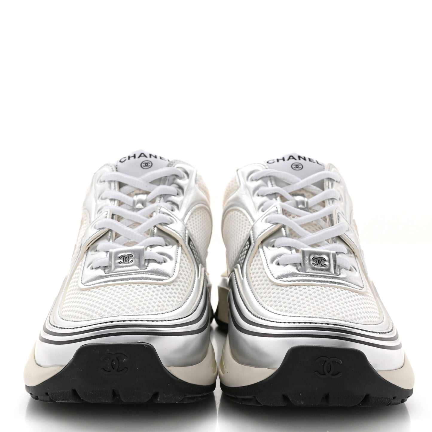 Fabric Laminated Calfskin Stretch CC Sneakers 39 White Silver